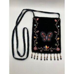 Black‎ Beaded 100% Silk Velvet Crossbody Bag Butterfly Embellished Zippered